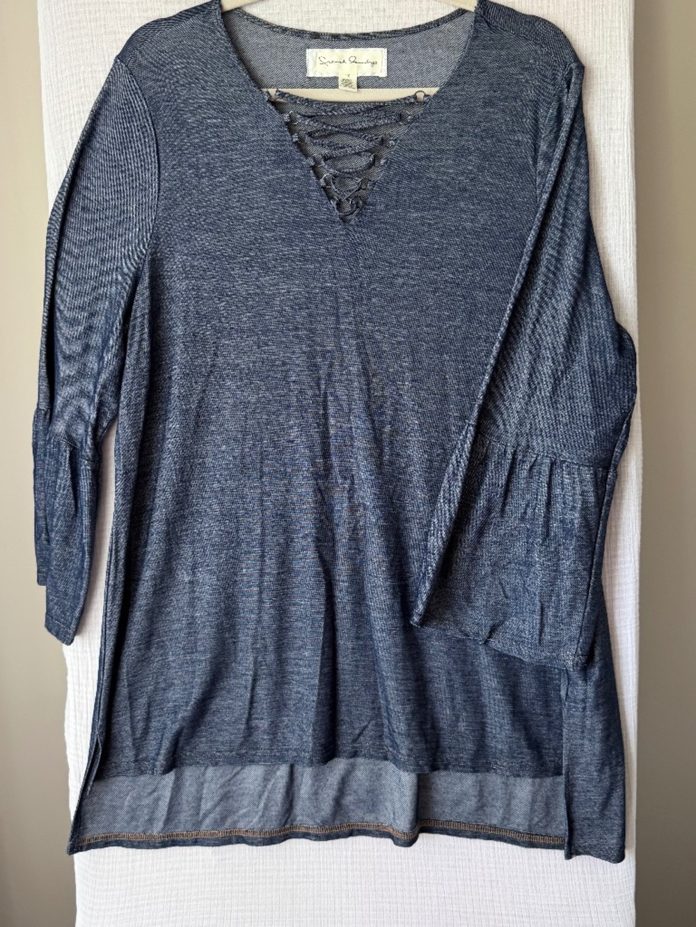 French Laundry 1X Denim Look Women Shirt Ruffle Sleeves Relaxed Fit